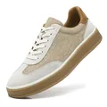 Casual men's sneakers in spliced beige canvas and grey suede with brown sole - 38 / German Training Style (6028) / Khaki