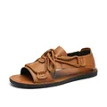 Stylish brown men's casual summer sandals with rope lace-up design and black sole - 39 / Brown