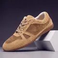 Premium brown suede retro casual sneakers for men with thin sole and minimalist design - Size 38 (Standard Sneakers 39) / Khaki (T3153)