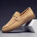 Premium vintage tan suede loafer for men featuring thin sole and elegant metal stud detail - Size 38 (Standard Sneakers 39) / Earth Yellow (T3158)