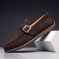 Premium dark brown suede monk strap loafers for men with vintage thin rubber sole design - Size 38 (Standard Sneakers 39) / Coffee (T3151)