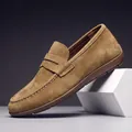 Classic men's tan suede penny loafers featuring vintage old money aesthetic design - Khaki (T3150)