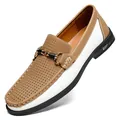 Premium men's two-tone perforated leather loafers with elegant horsebit buckle detail - 38 / Khaki Perforated Style