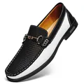 Elegant black and white men's leather loafers with perforated detailing and gold buckle - 38 / Black Perforated Style