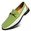 Men's genuine leather perforated loafers in green and white with metal buckle detail - Green
