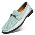 Men's light blue and white perforated leather loafers with elegant gold horsebit detail - 38 / Blue Perforated Style
