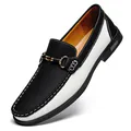Elegant black and white leather loafers with metal horsebit buckle and white stitching - Black All-Season Style