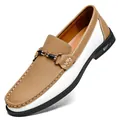 Stylish men's genuine leather loafers featuring a tan and white color-block design - Khaki Four Seasons Style