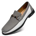 Stylish men's grey and white leather loafers with horsebit detail and soft sole - Gray Four Seasons Style