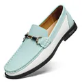 Stylish men's sky blue and white leather loafers featuring a classic gold bit detail - Blue All-Season Style