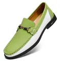 Stylish men's leather loafers in green and white color-block with golden horsebit - Green Four Seasons Style