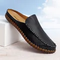 Men's breathable black genuine leather handmade slip-on loafers with durable rubber sole - 38 / Black
