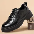 Premium black men's platform business casual leather shoes with crocodile skin pattern - 38 / Black (75081)