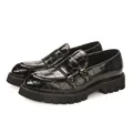 Black men's monk strap loafers with crocodile pattern and thick lug sole in British style. - 38 / Black