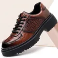 Stylish men's brown leather platform dress shoes with elegant crocodile texture pattern - 38 / Brown (75083)