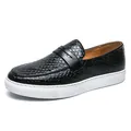 Men's black slip-on loafer sneakers featuring a scale textured upper and thick white sole - 38 / Fish Scale Pattern Style (2109) / Black