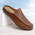 Men's brown leather breathable casual mules with handmade stitching and soft driving sole - 38 / Brown