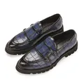 Men's blue crocodile embossed leather loafers with double buckle and thick sole - 38 / Blue