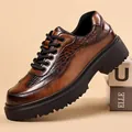 Brown men's business leisure leather shoes with crocodile pattern and thick soles - 38 / Brown (75082)
