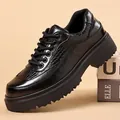 Stylish men's black leather derby shoes featuring crocodile texture and chunky thick sole - 38 / Black (75082)