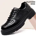 Premium black men's derby shoes featuring a crocodile pattern and stylish thick soles - 38 / Black (75083)
