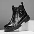 Mens black crocodile embossed leather chelsea boots with buckle and chunky lug sole - 38 / Crocodile Pattern Buckle Style (XZ9939) / Black
