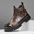 Stylish brown crocodile texture men's Chelsea boot featuring metal buckle and thick lug sole - 40 / Crocodile Pattern Buckle Style (XZ9939) / Bronze