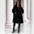 Elegant long black faux mink fur coat with hood for women's winter luxury fashion - XS / Tops / Black