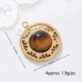 Close-up detail of 18K gold plated titanium steel tiger eye stone pendant with size info - Hollow Carved Round