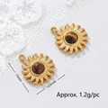Detailed macro view of 18K gold plated sun charms with tiger's eye stone and measurements - Spiral Sunflower Style