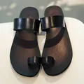 Men's black leather toe-ring sandals in a minimalist beach Roman style for summer - 40 / Black Style (309) / Black