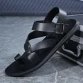 Sandalias romanas negras para hombre con correas cruzadas y diseño de dedo - 40 / Estilo Romano de Hebilla Lateral (K5126) / Negro
