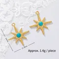 Detailed shot of 18K gold plated star pendants with turquoise and size annotations - Dotted Sunray