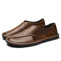 Men's brown vintage leather hollowed-out loafers with soft rubber sole - 38 / Closed-Toe Side-Hollow Style (11666) / Dark Brown