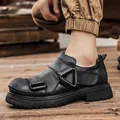 Stylish men's round toe black leather chunky shoes for outdoor casual wear and work. - 38 / Black (99305)