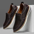 Dark brown men's business casual leather loafers featuring elegant white contrast stitching - 40 / 516 Style (516) / 516 Brown