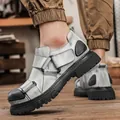 Men's distressed silver top layer leather work shoes with chunky black sole and straps - 38 / Gray (99305)