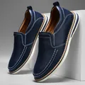 Stylish navy blue men's leather slip-on loafers with decorative white stitching - 40 / 516 Style (516) / 516 Blue
