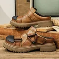 Durable brown leather workwear mules with black rubber toe cap and chunky thick soles - 38 / Low Top Mules Style / Brown (99305-1)