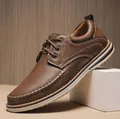Classic brown leather lace-up casual shoes for men with decorative white stitching - 40 / 518 Style (518) / Brown