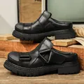 Premium black cowhide leather mules for men with chunky lug soles and adjustable straps - 38 / Mule Style (99305-1) / Black