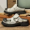 Vintage silver top layer cowhide big toe mule shoes with industrial buckle and thick sole - 38 / Gray (99305-1)