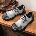 Grey top layer cowhide men's low-top work shoes with chunky sole and woven detail - 38 / Gray (99306)