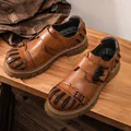 Brown genuine leather work shoes for men with skull buckle detail and reinforced ribbed toe. - 38 / Brown (99308)