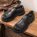 Men's black genuine leather chunky work shoes featuring unique skull buckle detail - 38 / Black (99308)