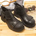 Black genuine leather men's work boots with chunky soles and unique buckle strap details. - 38 / Mid-Top Work Buckle Style (99310) / Black