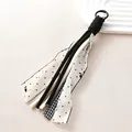 Bohemian style tassel bag charm featuring polka dot and checkered ribbons with black carabiner - Polka Dot Gingham (260731-2) / 21cm / Black