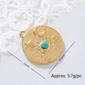 Macro detail of a 18K gold plated turquoise stainless steel pendant with measurements - Mystic Eye Moon Star