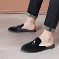 Elegant black velvet men's mules featuring gold metal hardware for a casual and stylish look. - 39 / Black