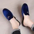 Men's elegant royal blue velvet backless loafer mules with golden bird buckle - 39 / Blue